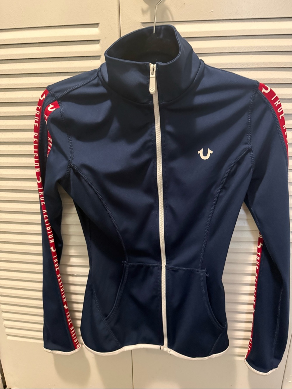 True Religion Navy Jacket with Red Shoulder Stripes